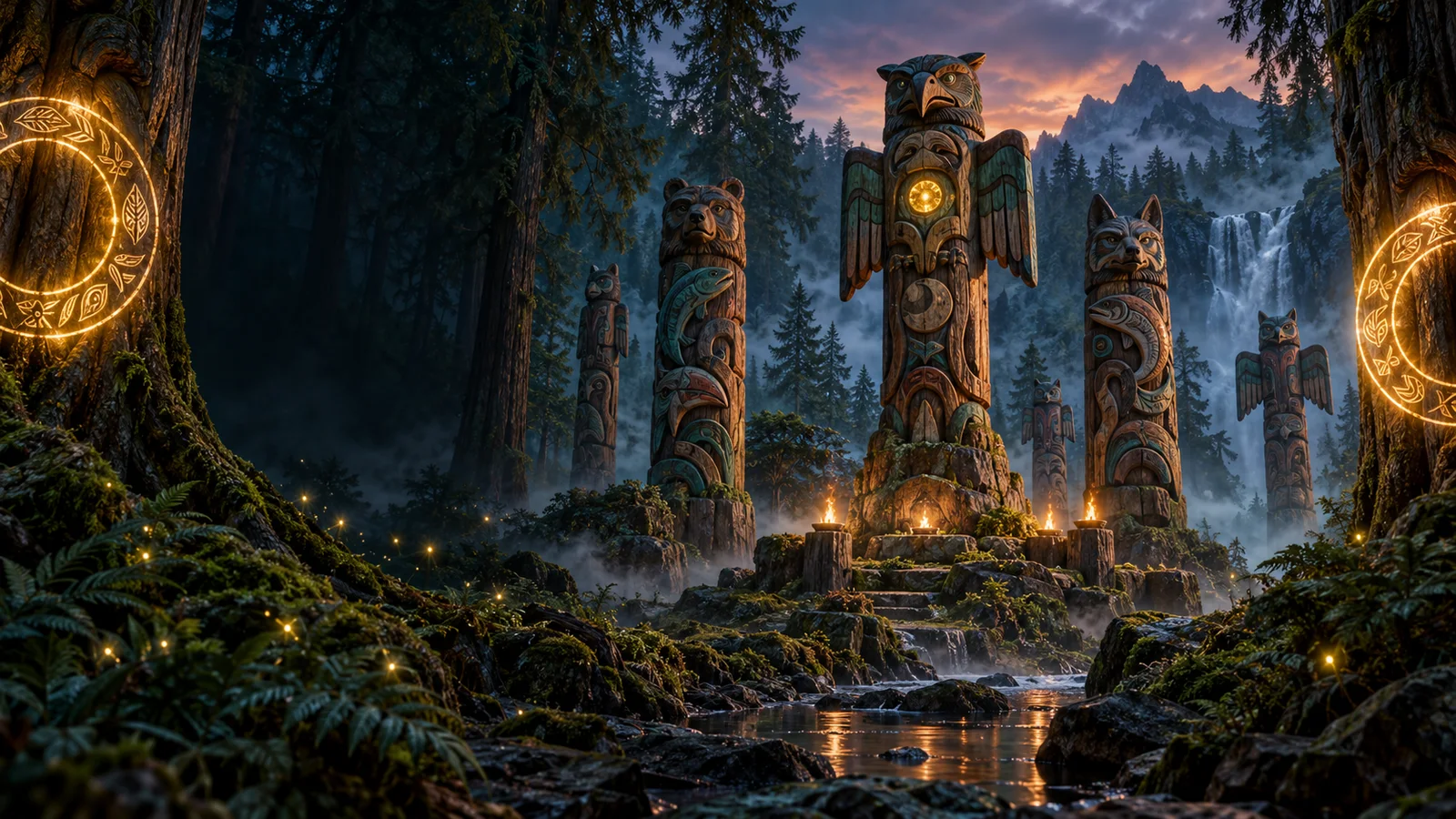 Original editorial artwork of fantasy carved totems in a misty cedar forest between two glowing rings