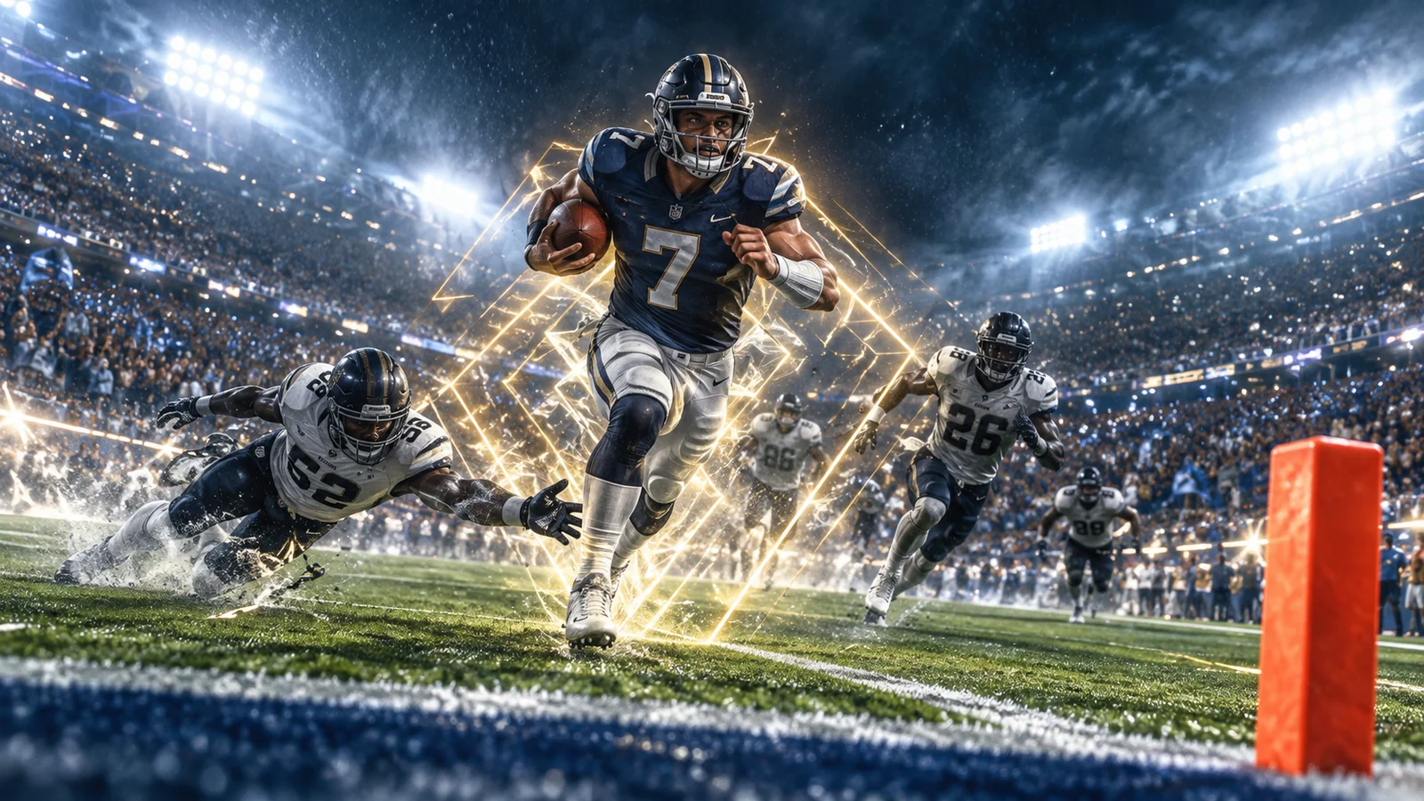 Original editorial artwork of an unbranded quarterback charging toward the end zone through geometric energy