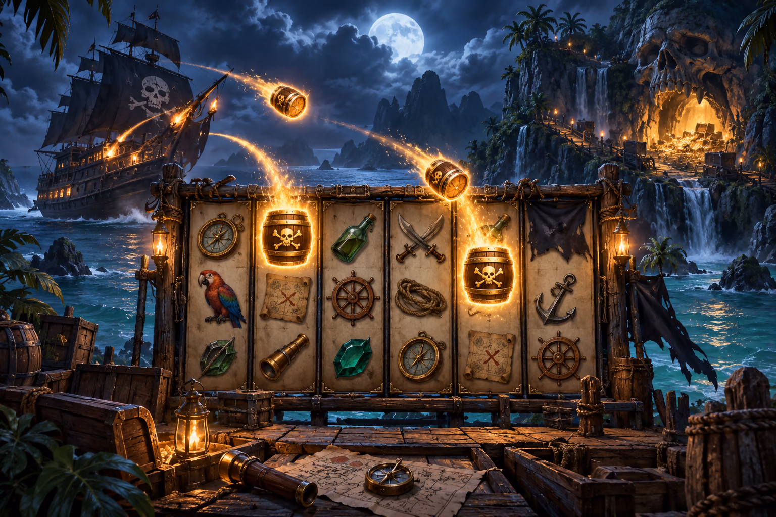Original pirate cove with two glowing barrel Wilds, a ship and a treasure cave around a five-reel board
