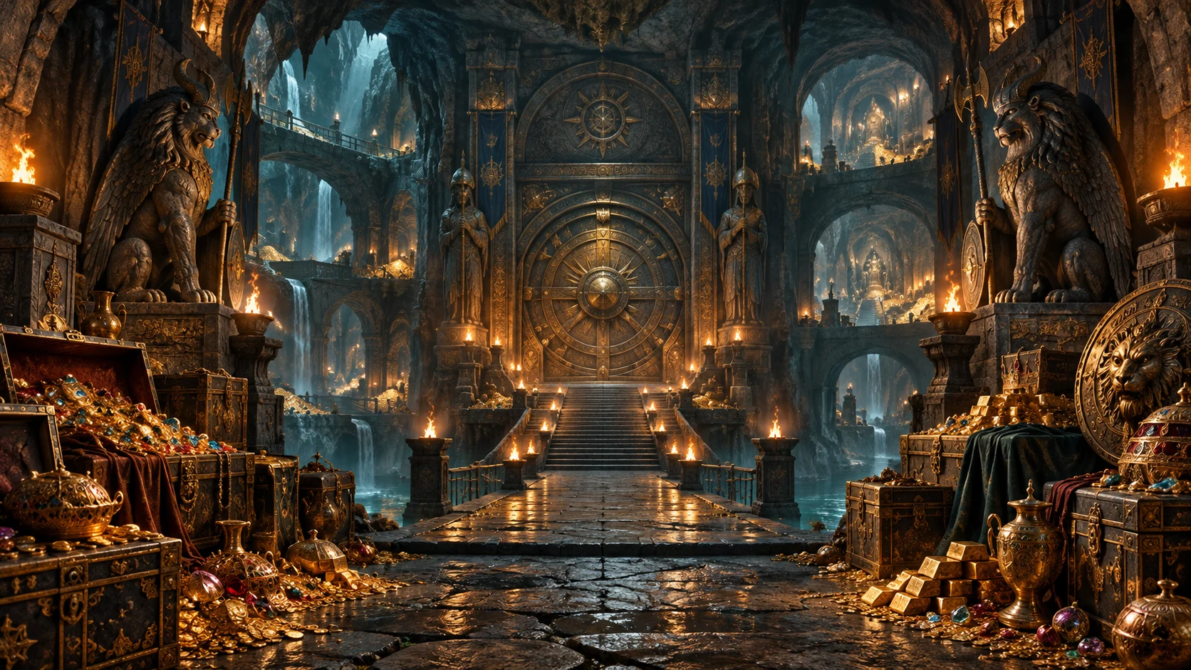 Original editorial artwork of a vast underground vault surrounded by treasure chambers and guardian statues