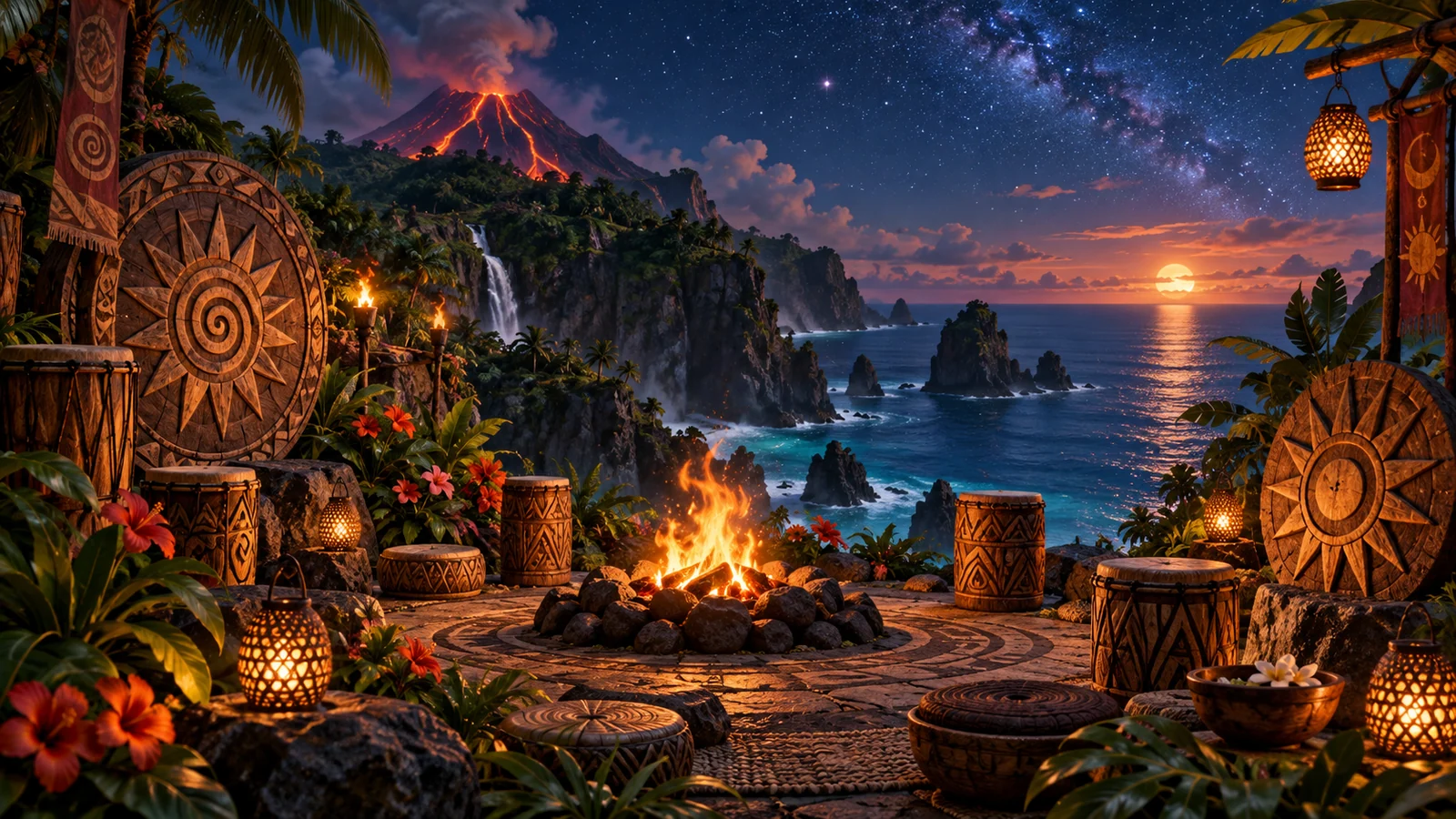 Original editorial artwork of an imagined tropical island clearing with wooden drums and sun medallions