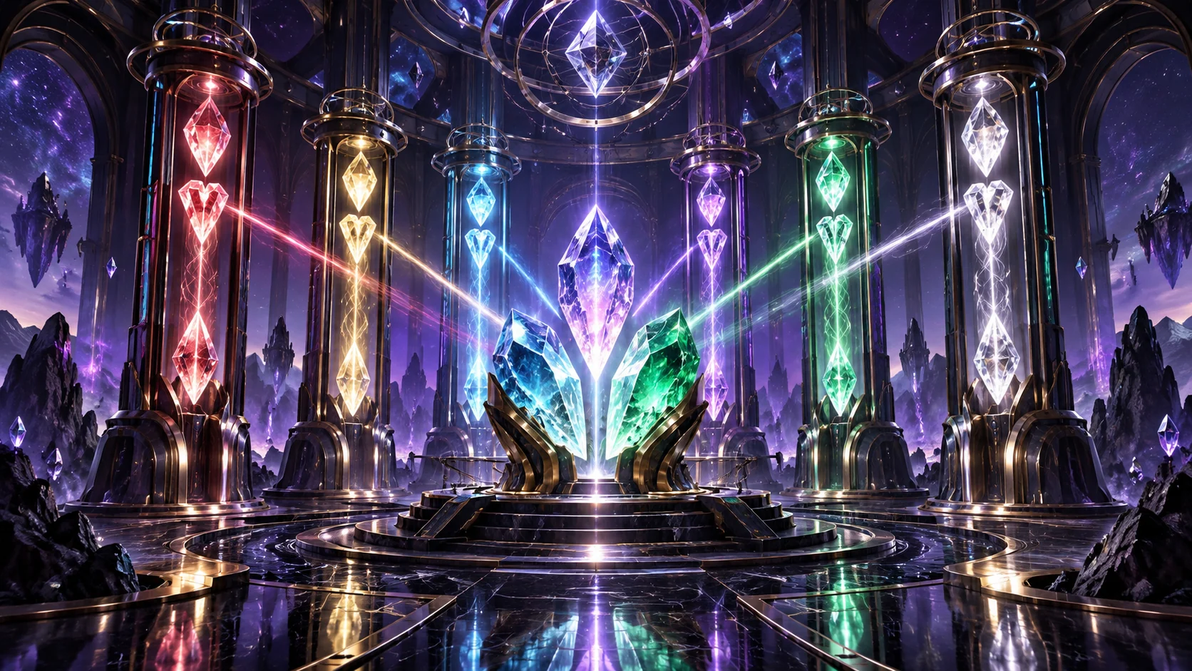 Original editorial artwork of six gemstone energy columns feeding a three-part crystal core