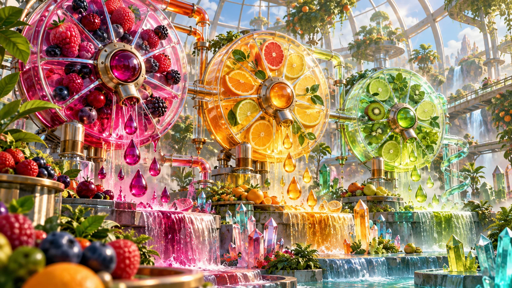 Original editorial artwork of three colourful fruit-powered wheels in a glass greenhouse