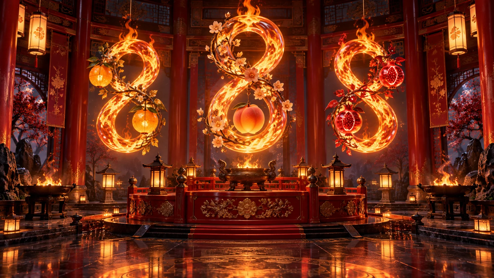 Original editorial artwork of three fiery lucky-eight sculptures in a red festival hall