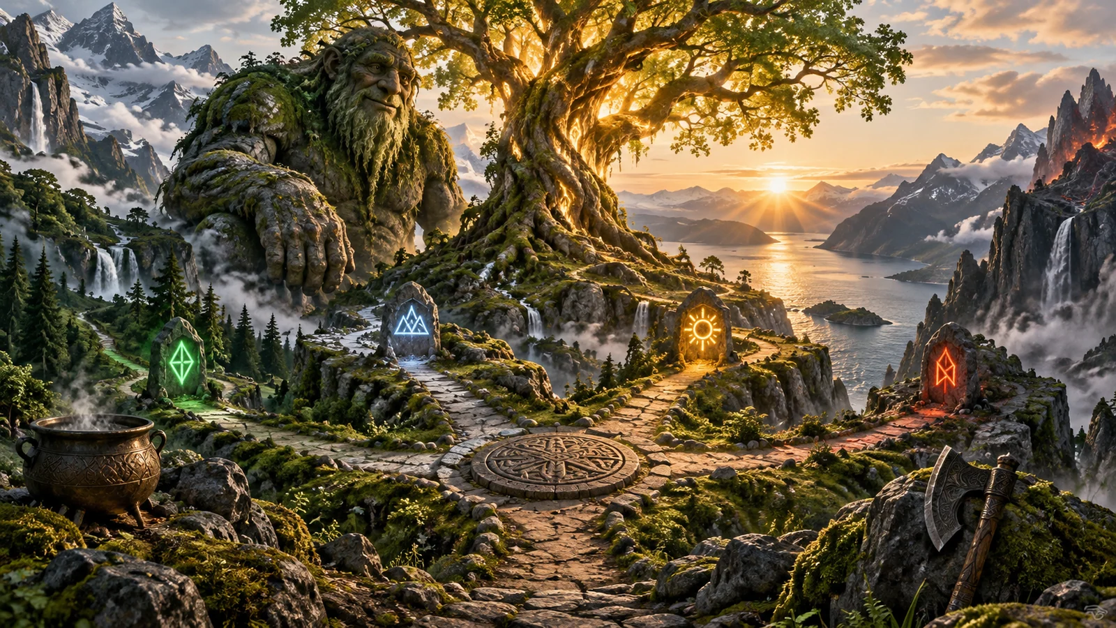 Original editorial artwork of a gentle mossy troll beside a glowing Tree of Life and four rune paths above a fjord