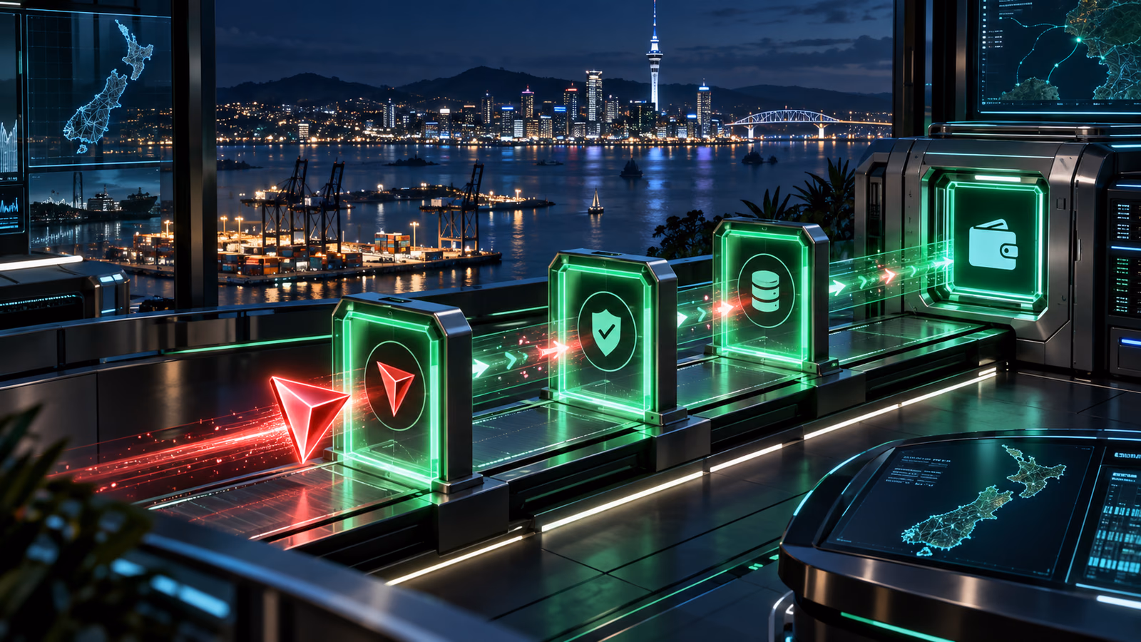 Original TRX payment-verification route overlooking Auckland with green validation gates