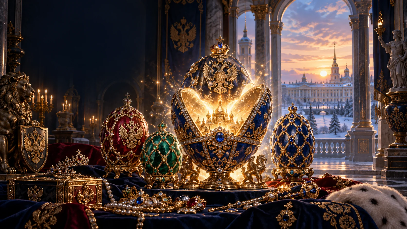 Original editorial artwork of red, green and blue jewel eggs opening inside a winter palace vault