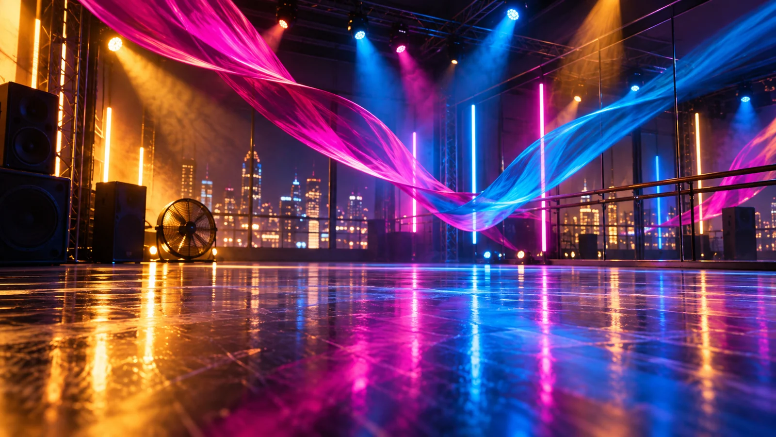Original editorial artwork of an empty neon dance studio with flowing motion ribbons