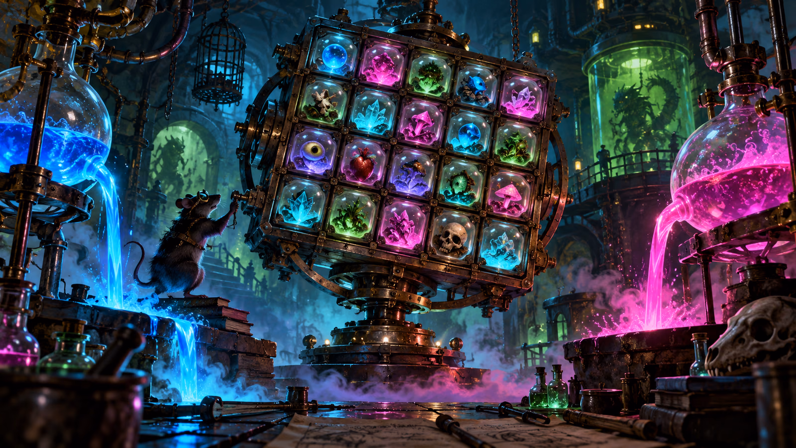 Original mad-science laboratory with a rotating five-by-five specimen grid and luminous blue and pink liquids