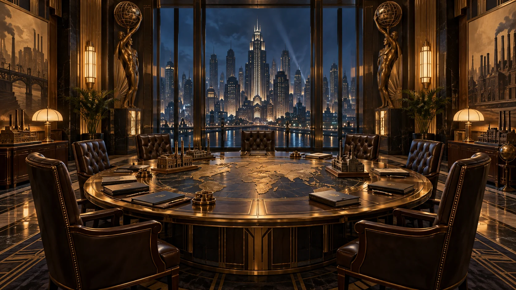 Original editorial artwork of an empty Art Deco boardroom overlooking a night city