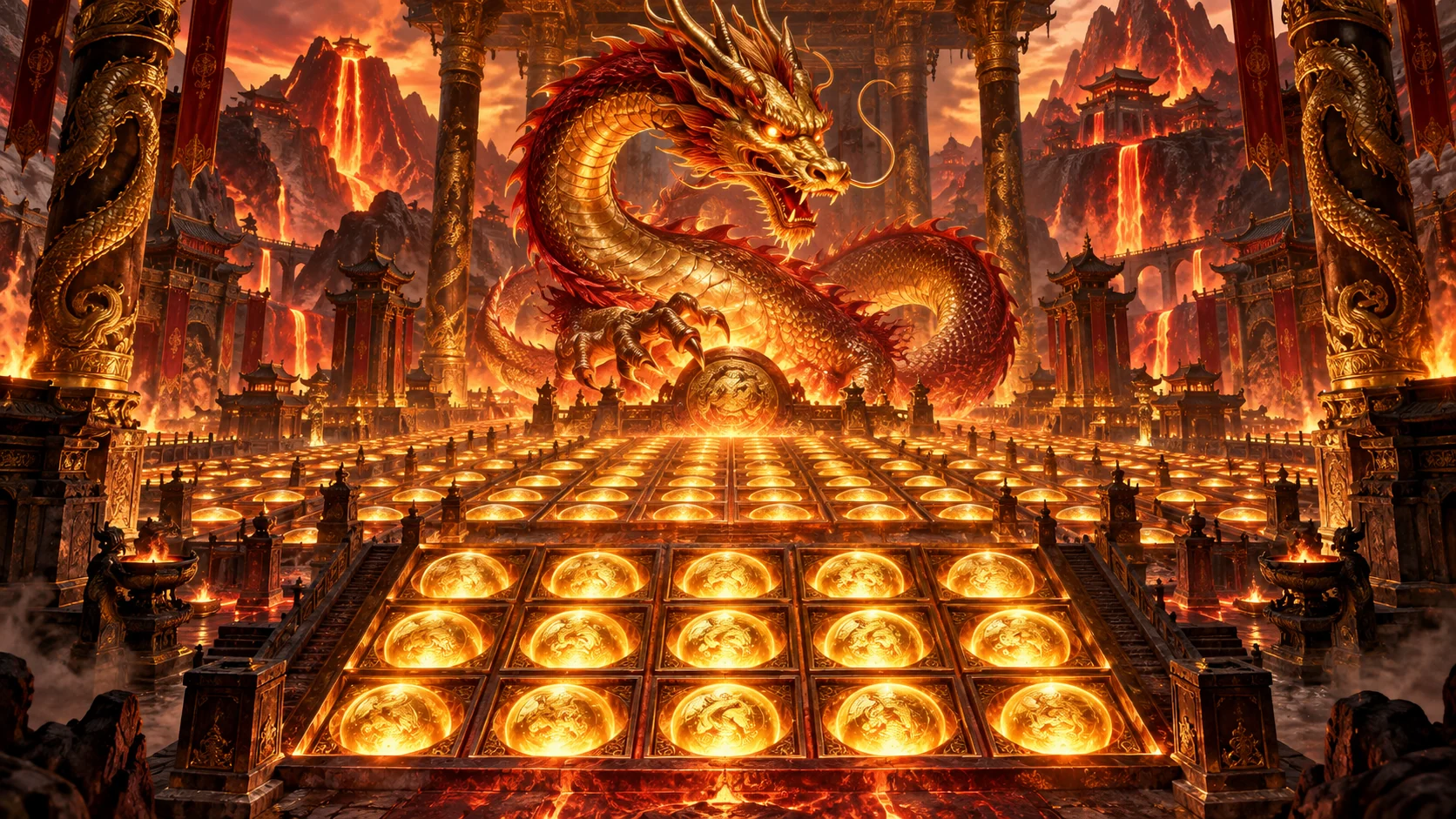 Original editorial artwork of a golden dragon above an expanding grid of illuminated chambers
