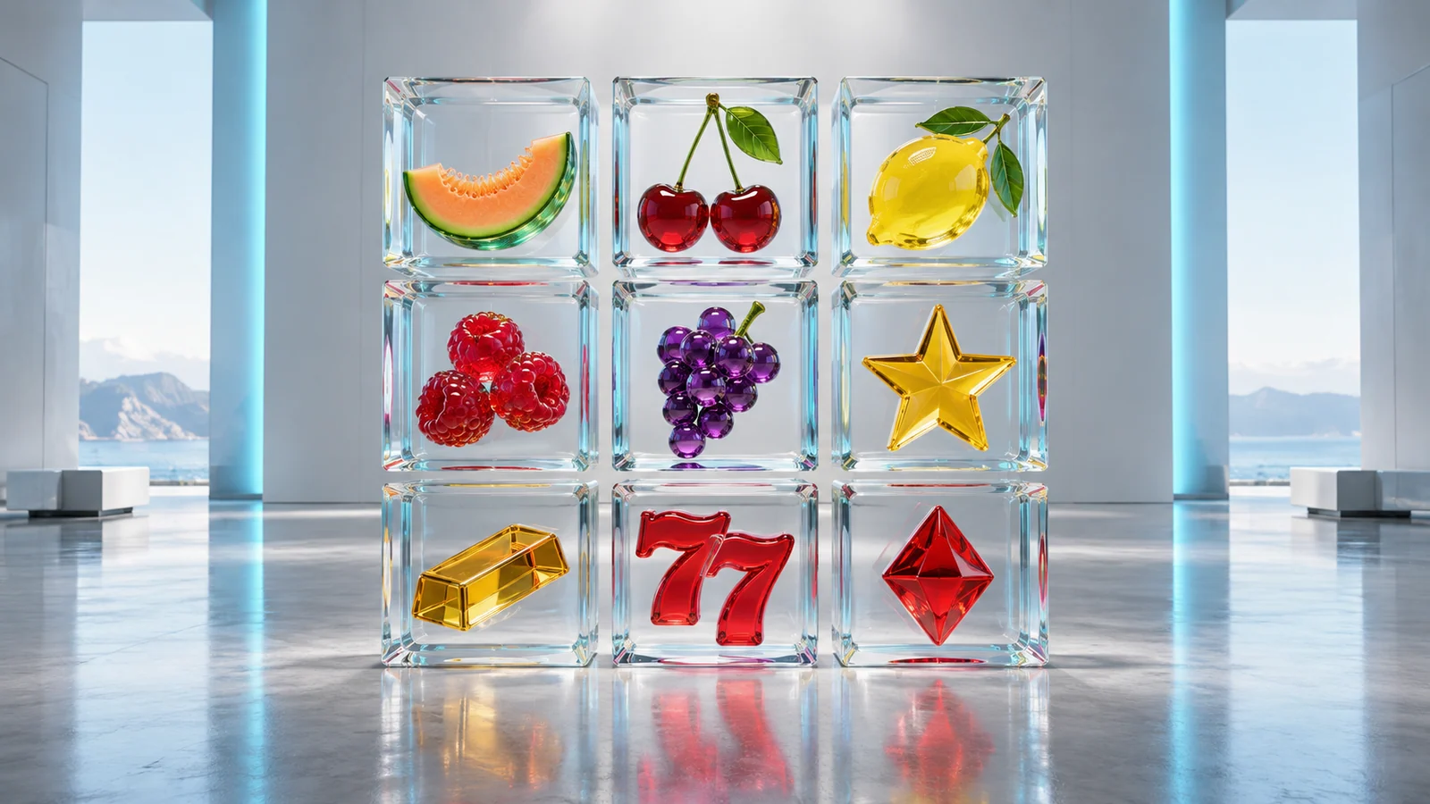 Original editorial artwork of a luminous three-by-three glass display filled with abstract fruit, star, bar and double-seven forms