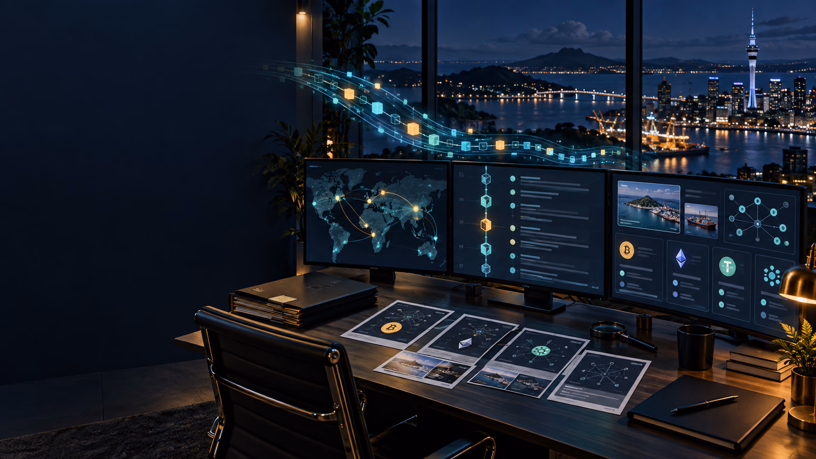 Original Auckland crypto investigation desk with blockchain timeline, evidence cards and support case folder