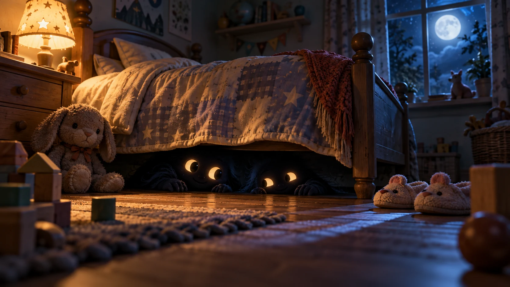 Original editorial artwork of friendly shadow creatures beneath a moonlit child's bed