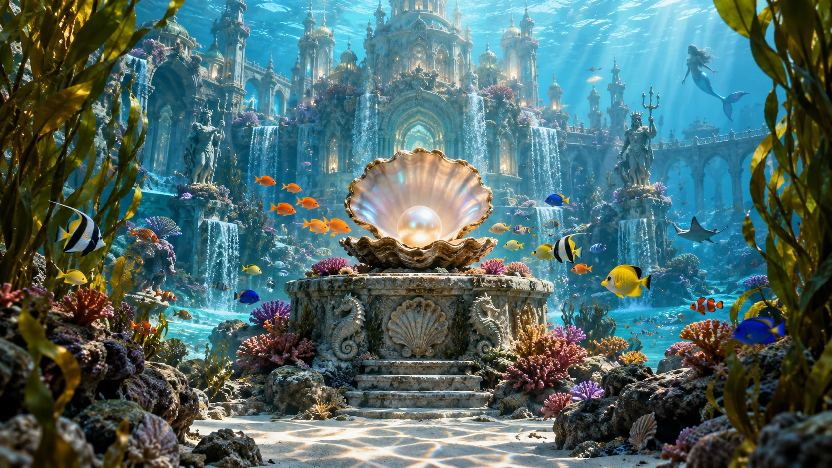 Original editorial artwork of a pearl oyster before a luminous underwater coral palace