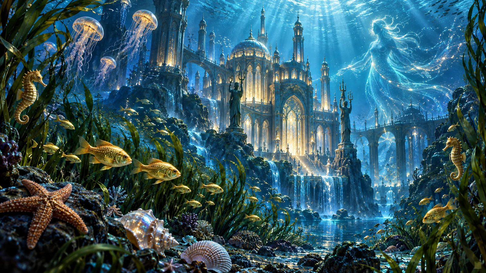 Original editorial artwork of a luminous underwater palace with fish, starfish, seahorses and a flowing light spirit