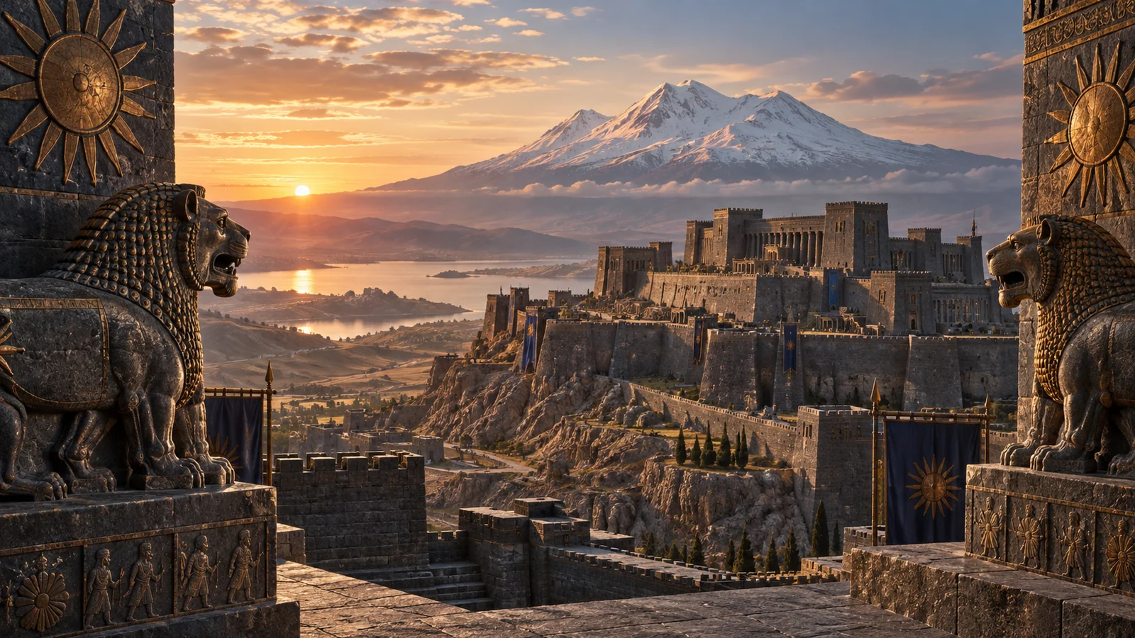 Original editorial artwork of an ancient Urartian mountain citadel, carved lions, bronze sun disks and Mount Ararat at dawn