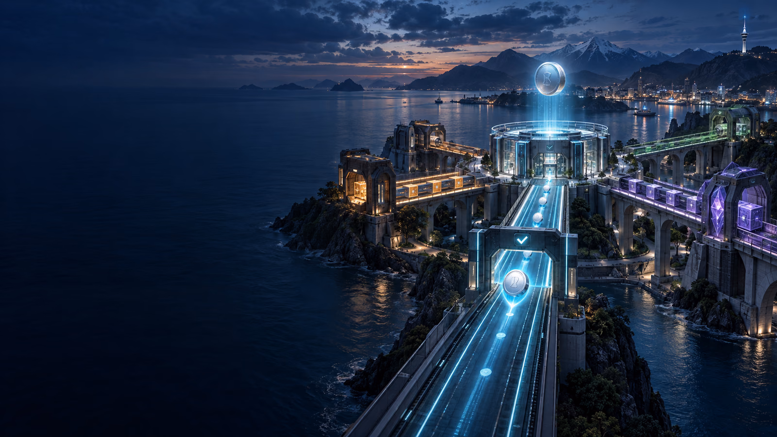 Original New Zealand coastal clearing station with separated blockchain bridges and contract-validation gates