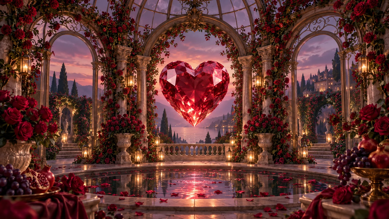 Original editorial artwork of a faceted ruby heart in a rose-covered glass conservatory