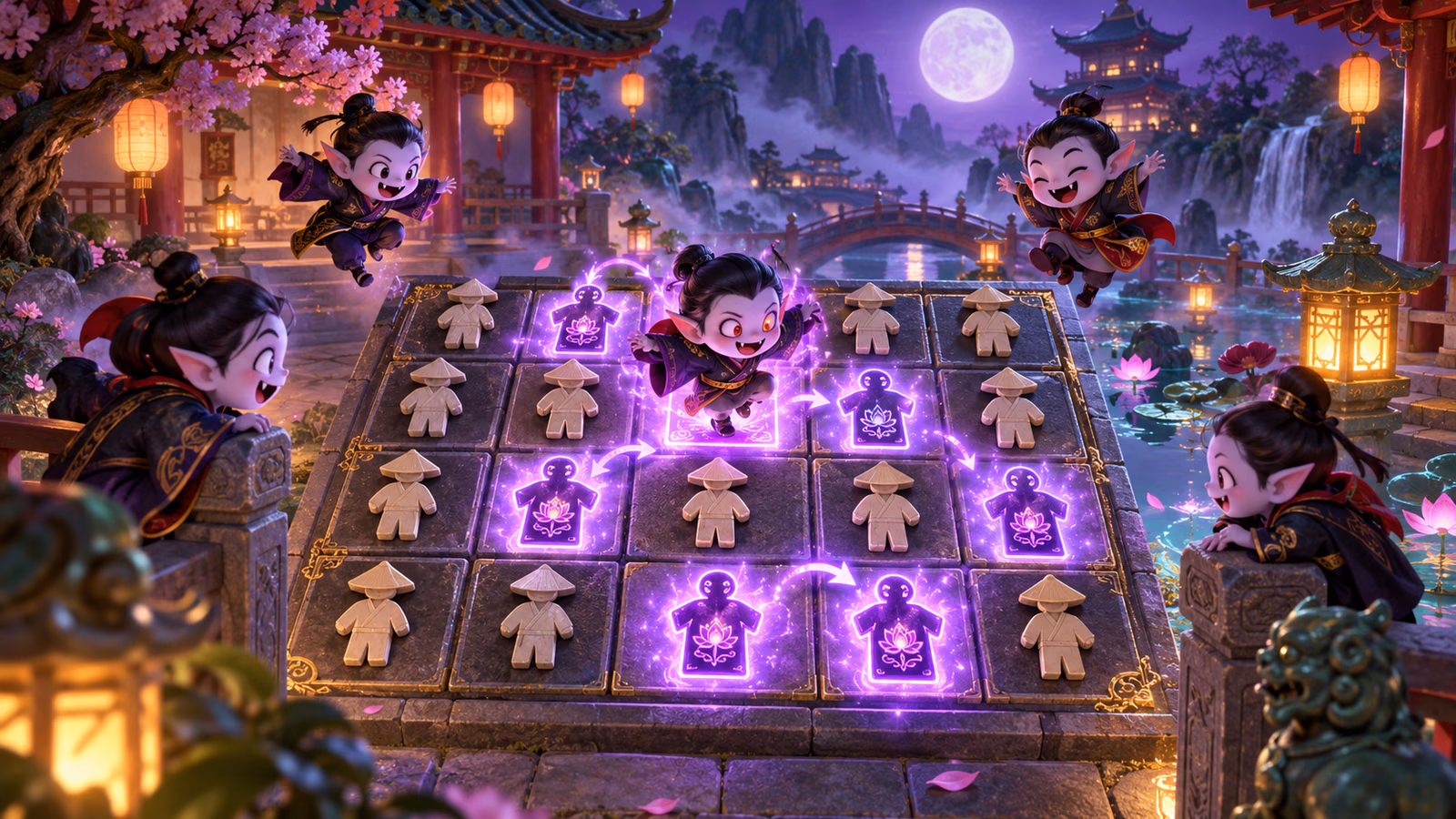 Original moonlit fantasy courtyard with playful hopping vampires and a purple 5 by 5 turning-Wild chain