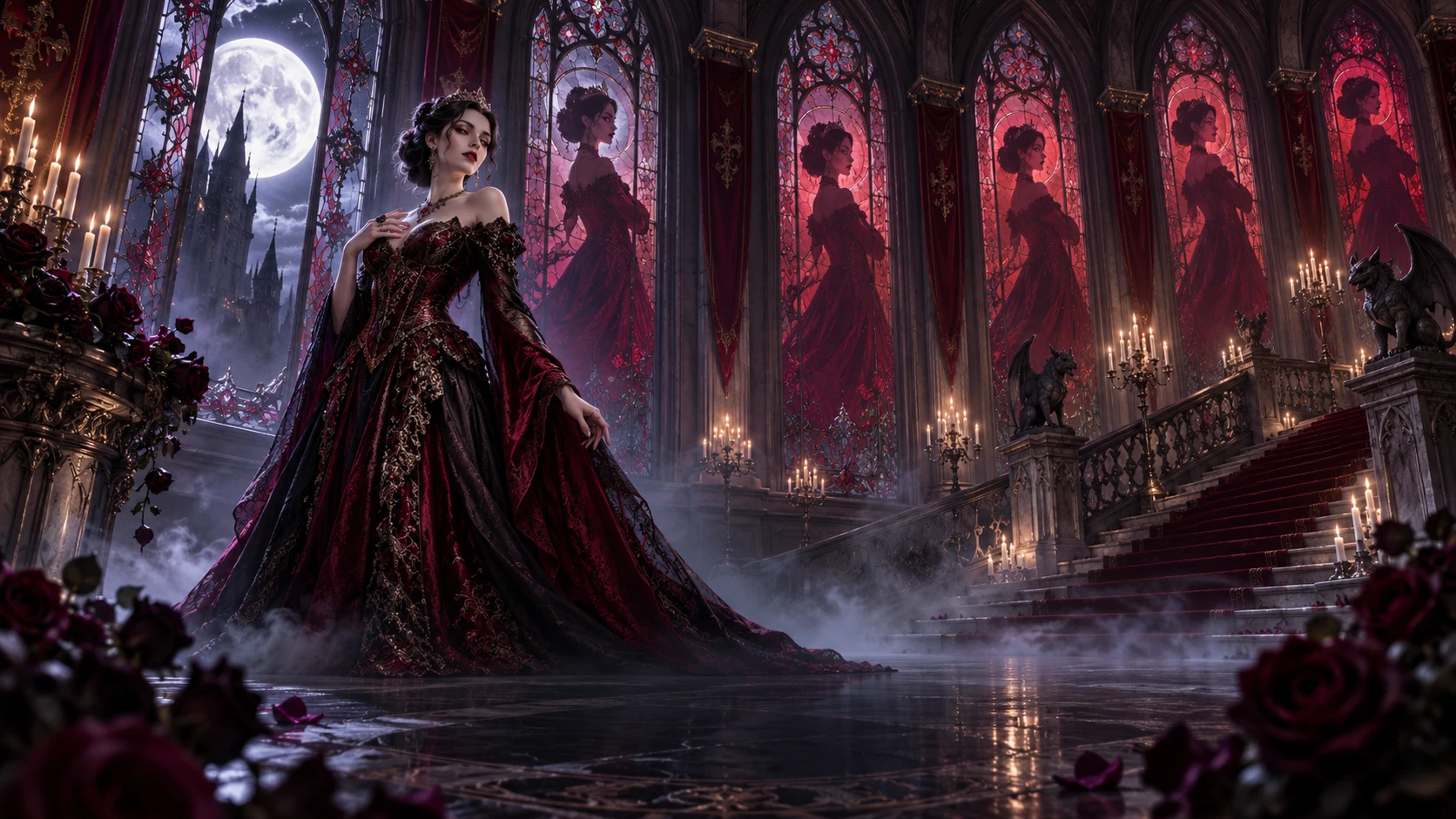 Original editorial artwork of a vampire countess before repeating crimson stained-glass silhouettes