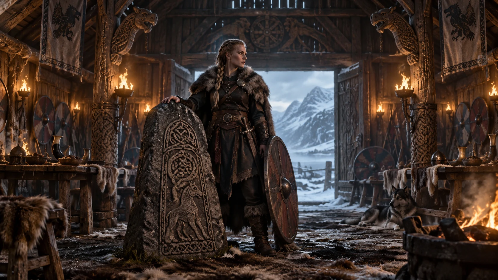 Original editorial artwork of a shieldmaiden and carved runestone inside a torchlit Nordic hall