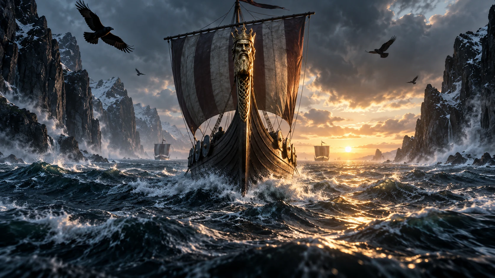 Original editorial artwork of a Viking longship crossing a stormy sea at dawn