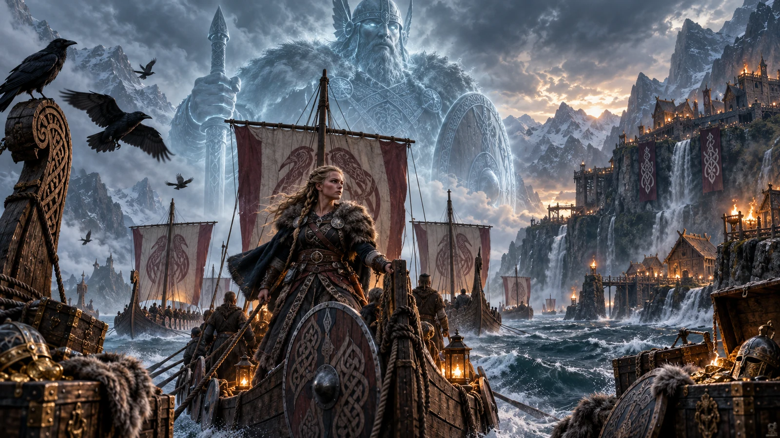 Original editorial artwork of a shieldmaiden on a longship with a spectral Viking guardian