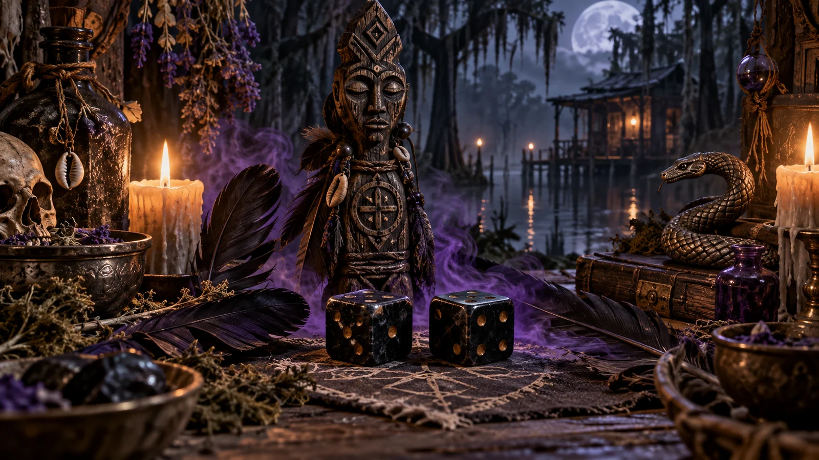 Original fictional dark-fantasy still life with a carved talisman, feathers, snake motif and obsidian cubes