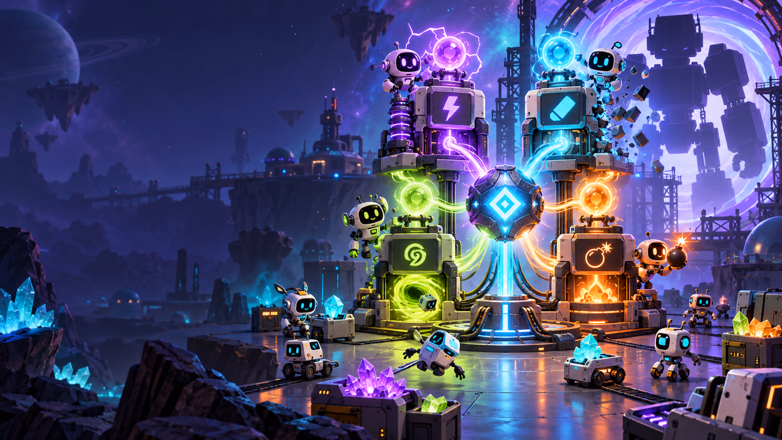 Original sci-fi robot laboratory with Power Glyph orbs, four stacked machines and giant 2x2 robot silhouette