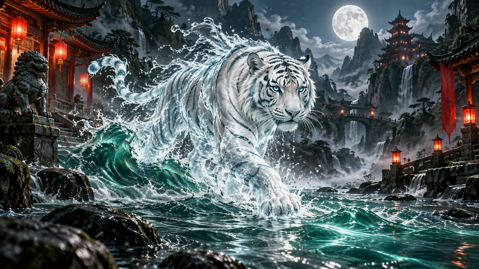 Original editorial artwork of a white tiger formed from water crossing a moonlit river temple