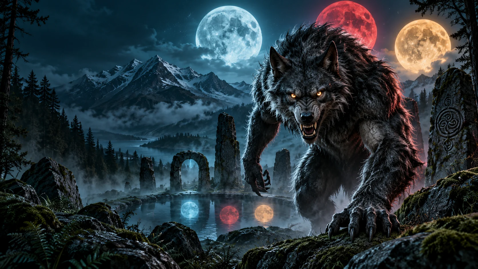 Original editorial artwork of a werewolf beneath blue, red and yellow moons in a misty alpine forest