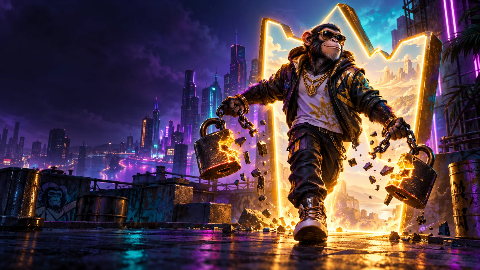 Original editorial artwork of a stylish ape breaking two glowing padlocks on a neon city rooftop