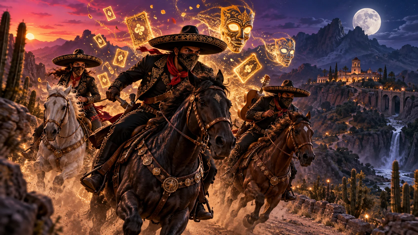 Original editorial artwork of three masked mariachi riders crossing a moonlit Mexican canyon amid golden framed masks
