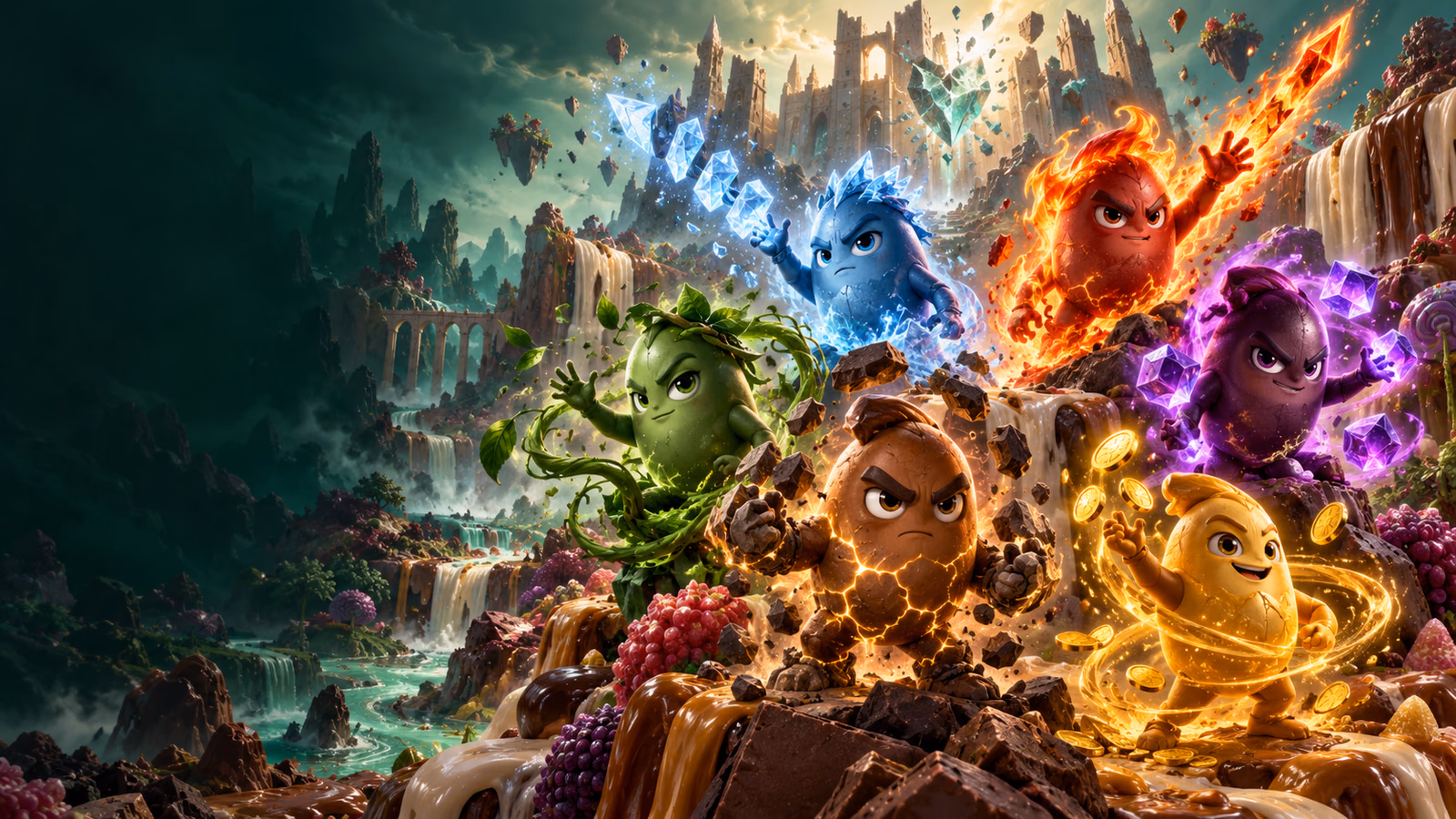 Original fantasy bean guardians using six distinct spatial powers in a sugar citadel