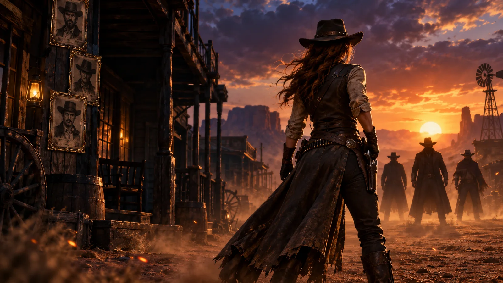 Original editorial artwork of a bounty hunter facing three outlaws on a dusty frontier street at sunset