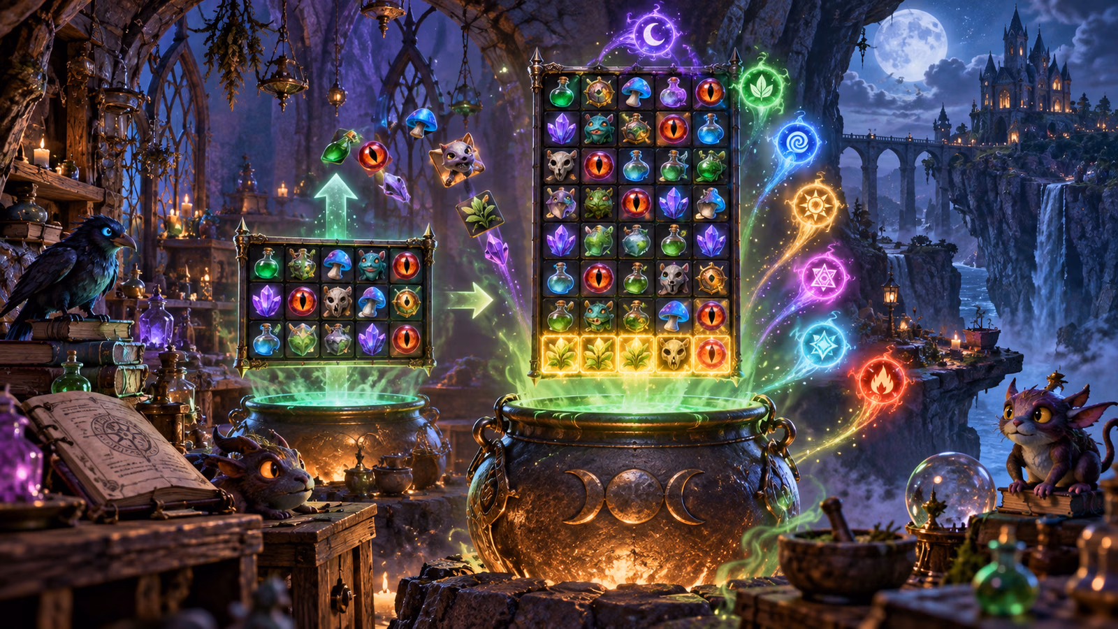 Original witch laboratory with a cauldron expanding a six-column grid from four to eight rows