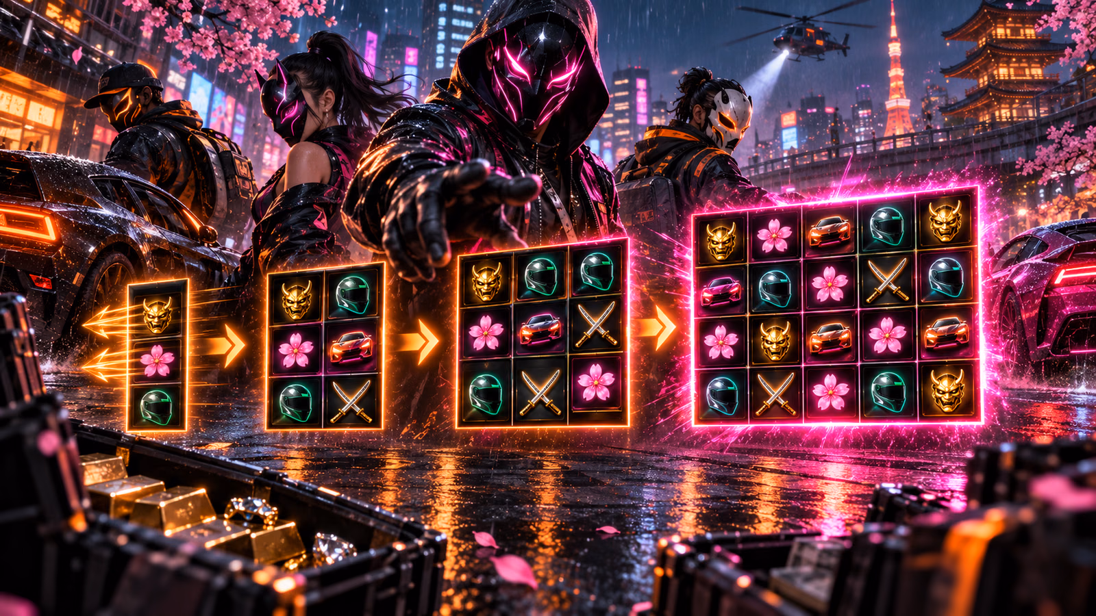 Original neon Tokyo heist scene with an asymmetric reel grid expanding through four respin stages
