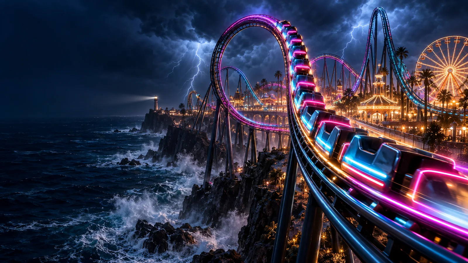 Original editorial artwork of a neon roller coaster looping above a stormy coastal amusement park
