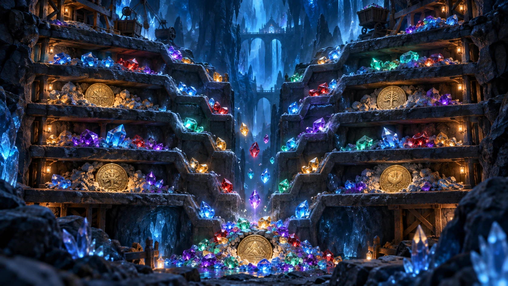 Original editorial artwork of a deep crystal mine with layered gem rows and five ancient coins