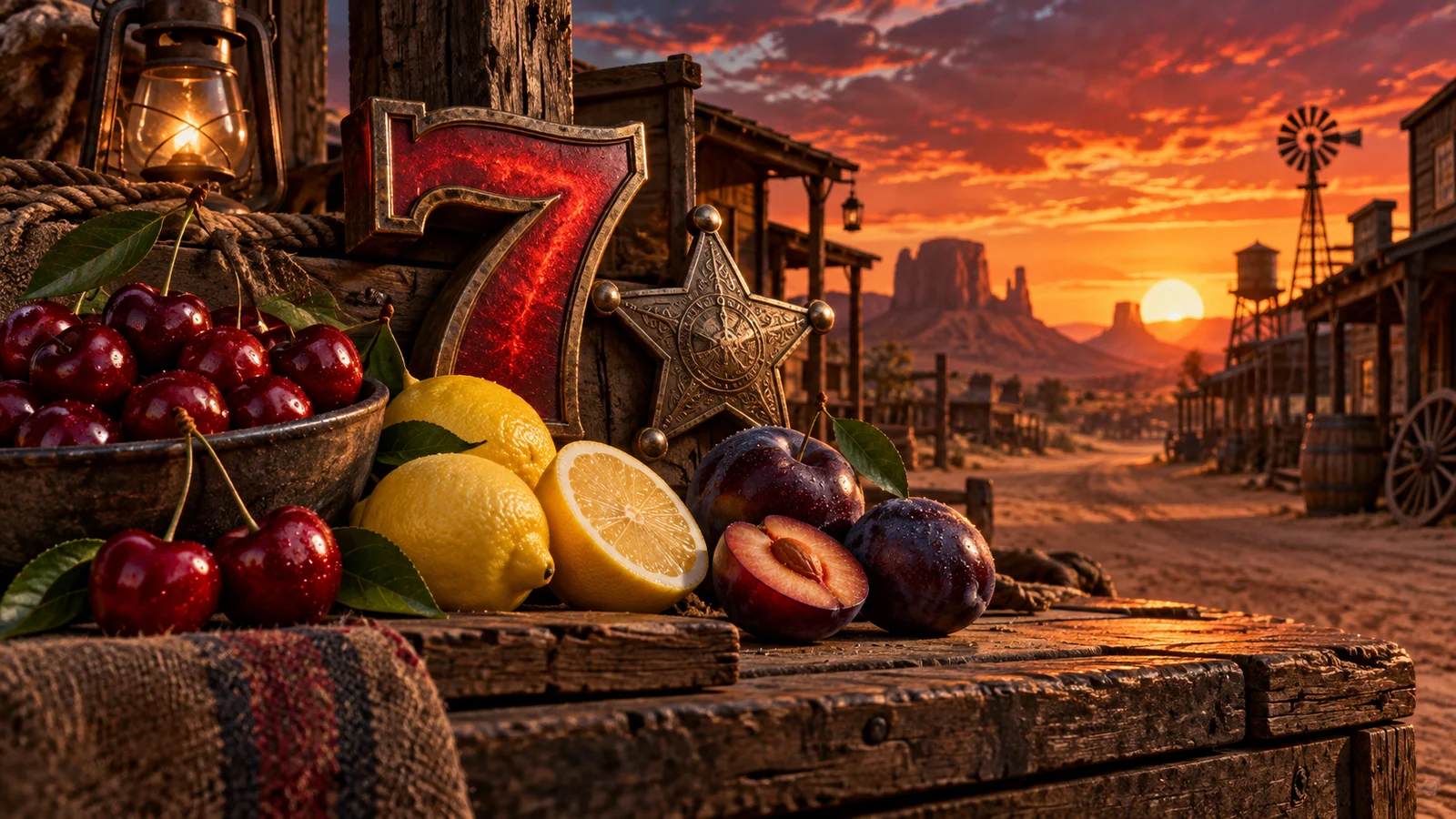 Original editorial western still life with fruit, a red seven and metal sheriff star