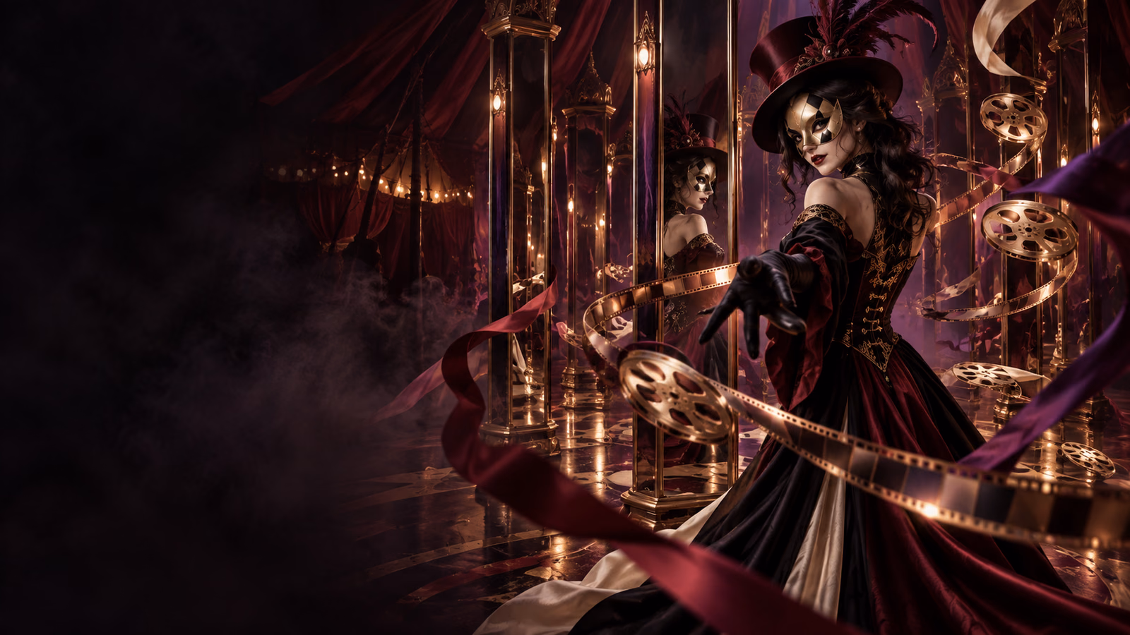 Original masked stage magician in a mirrored circus tent with five columns and full-height magical ribbons