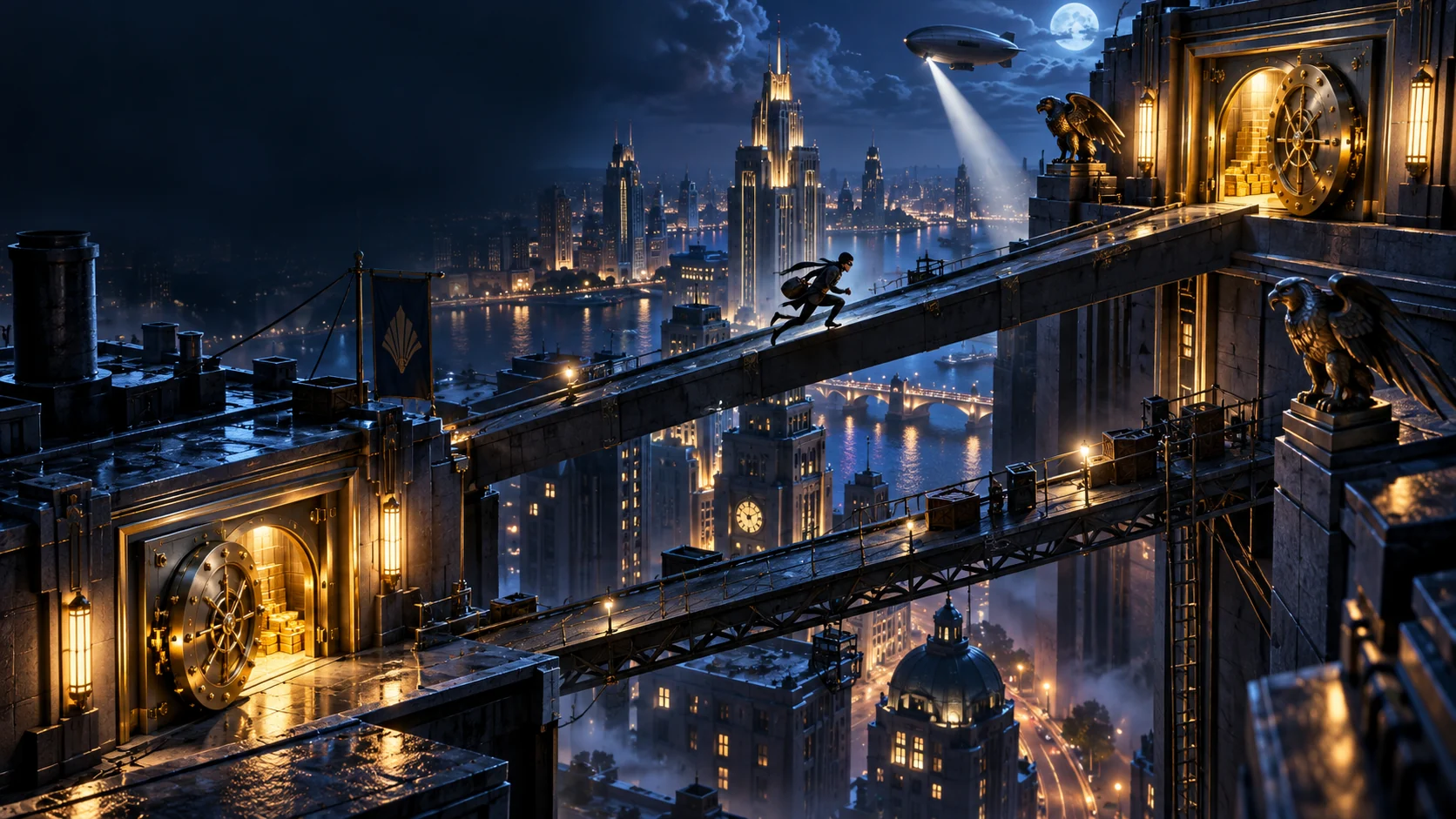 Original editorial artwork of a thief crossing two diagonal rooftop paths between illuminated vaults