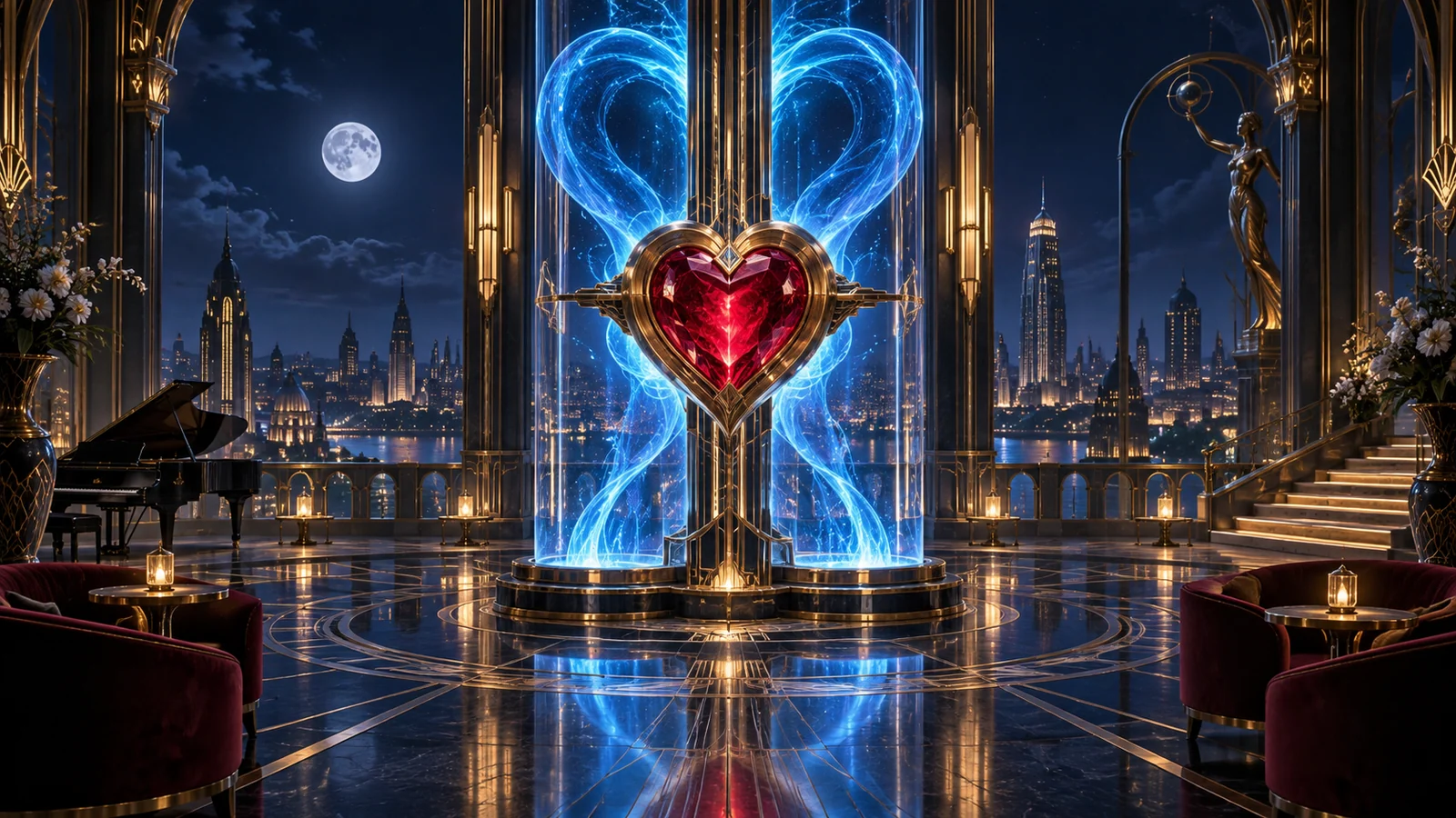 Original editorial artwork of blue energy columns surrounding a central red heart in an Art Deco hall