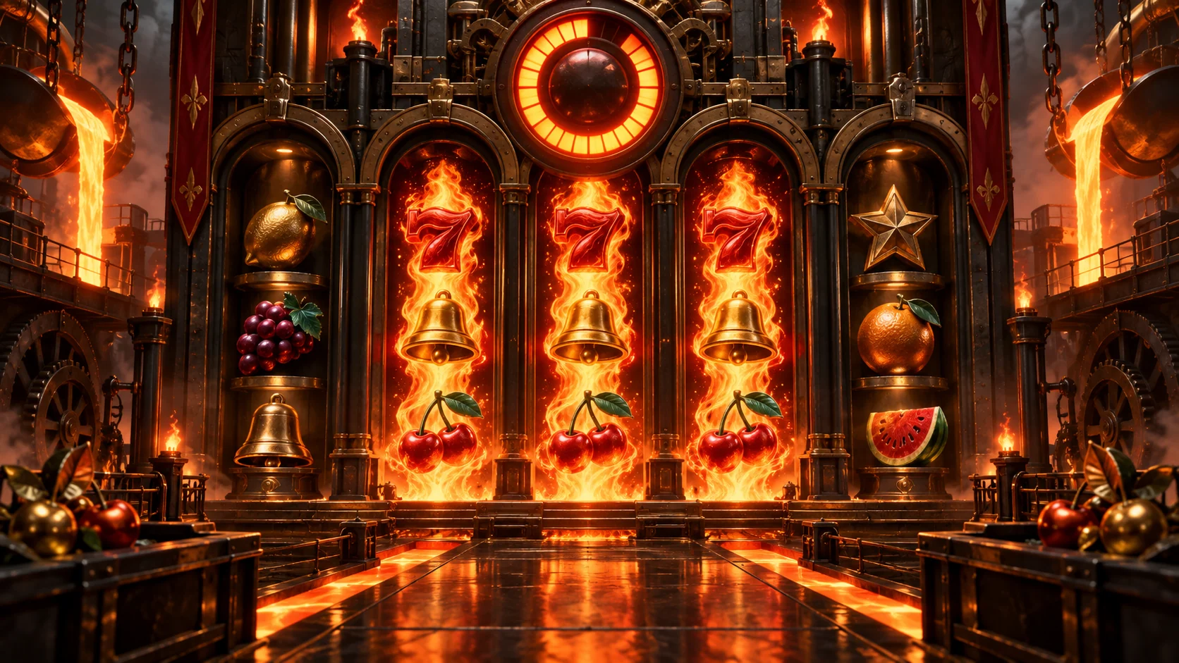 Original editorial artwork of a five-bay foundry with three stacked columns of fire