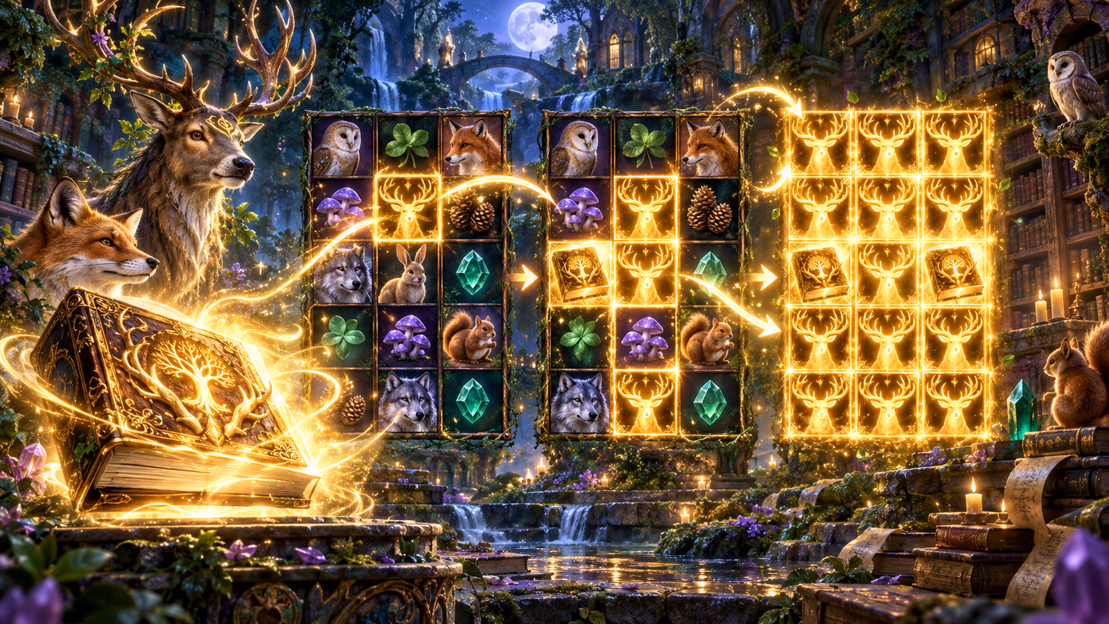 Original enchanted woodland library with a 4 by 6 board and a golden Tome conversion spreading across symbols