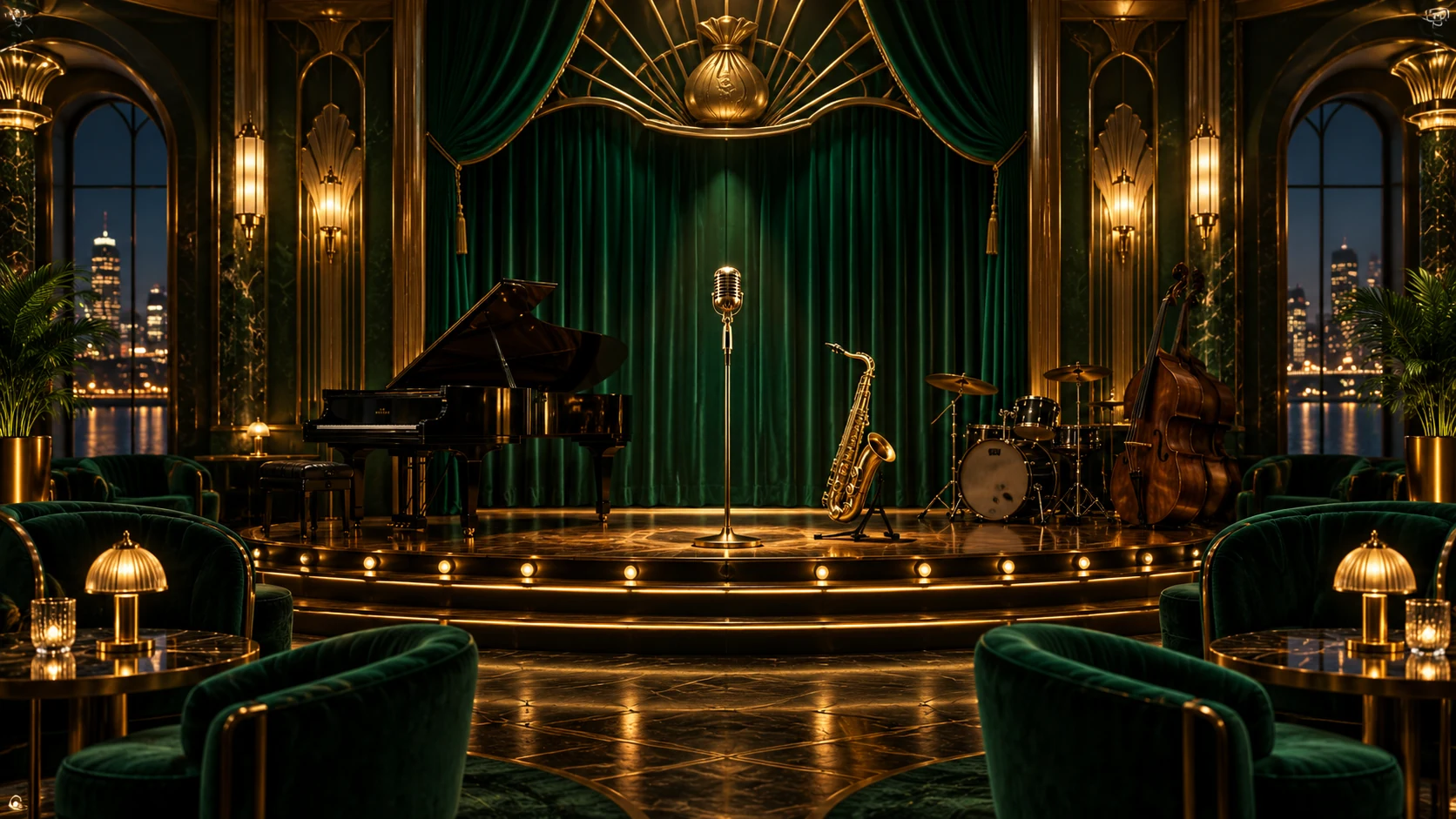 Original editorial artwork of an empty emerald and gold art-deco music lounge