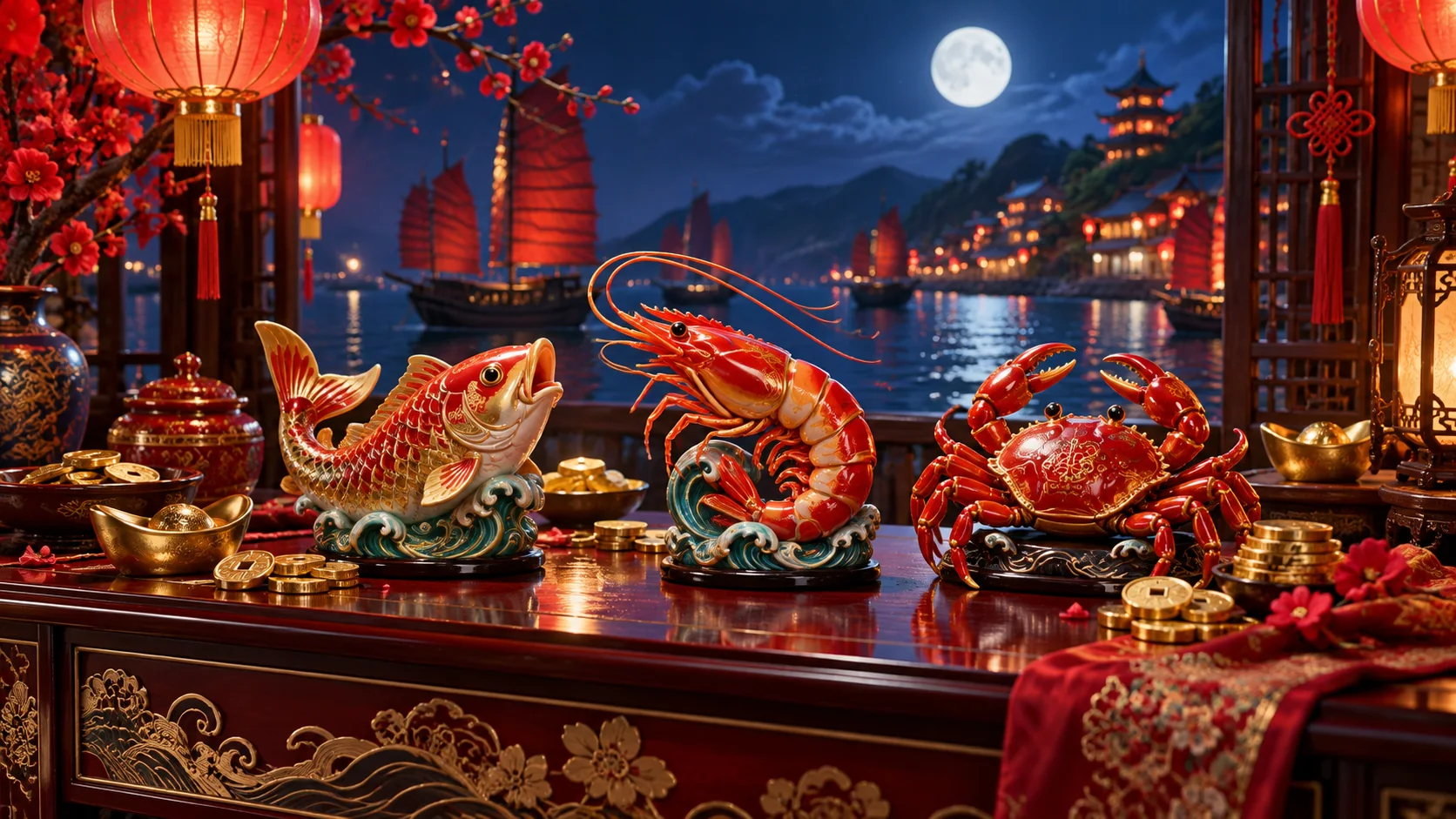Original editorial artwork of ornate fish, prawn and crab figures on a moonlit harbour festival table