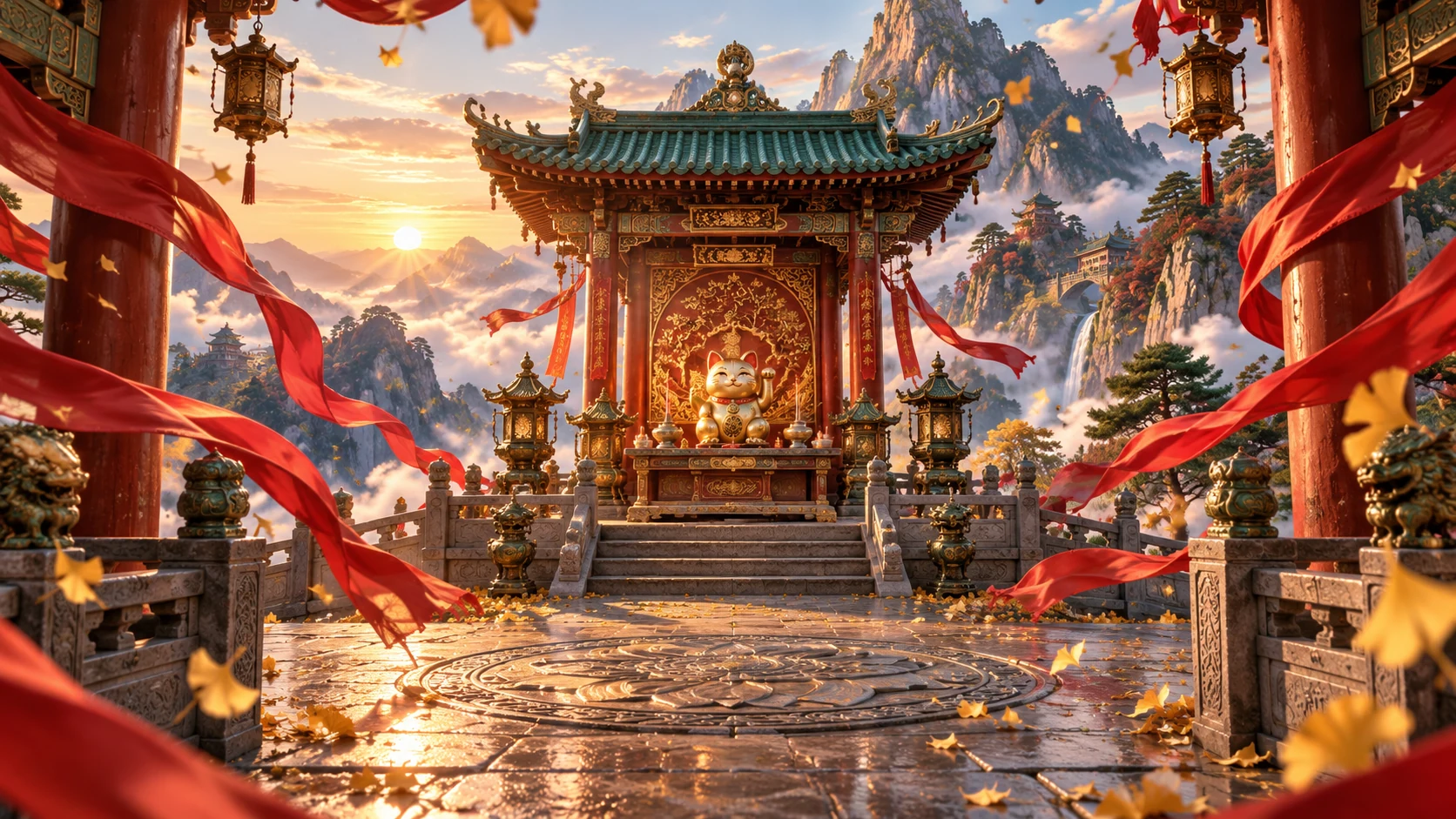 Original editorial artwork of a mountain temple with red ribbons sweeping around a golden lucky-cat altar