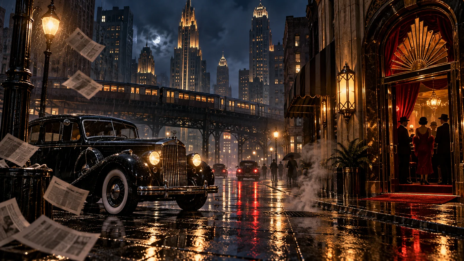 Original editorial artwork of a rain-soaked 1930s Chicago street with a period car and Art Deco towers